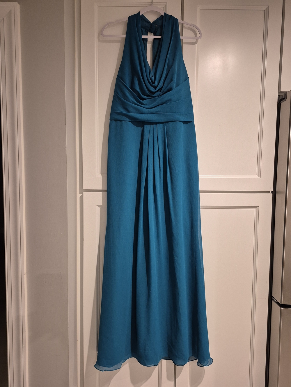 David's Bridal Teal Halter-Style Chiffon Maxi Dress